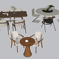 Rectangular and Round Wooden Dining Tables with Chairs and Decorative Plants 3d model