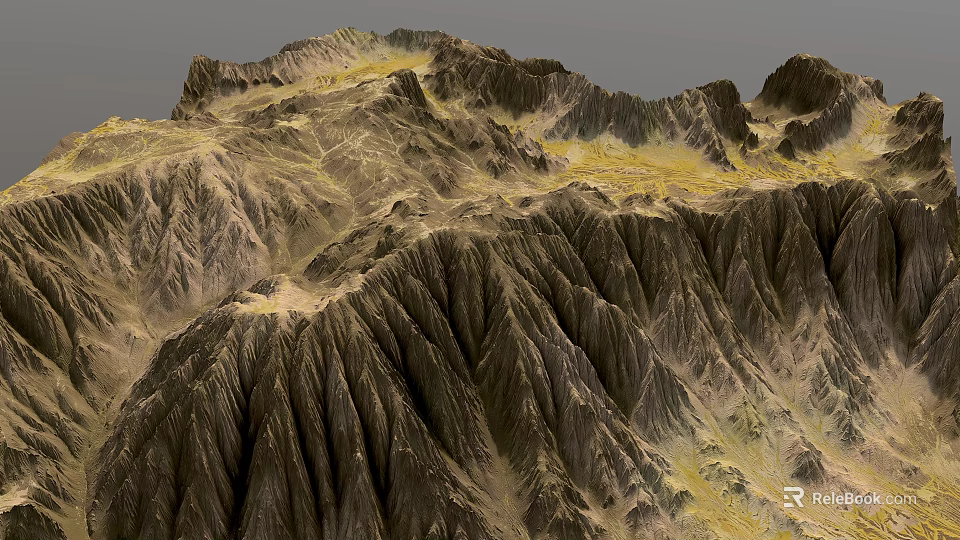 Scenic Mountain Landscape Featuring Rugged Peaks Rocky Terrain And Yellow Patches 3d model 