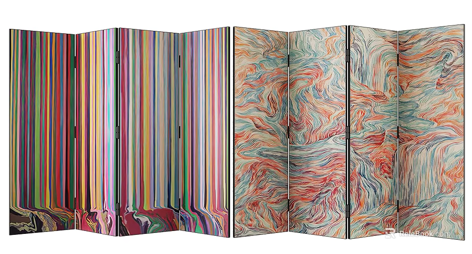 Two Folding Screens With Colorful Stripes And Artistic Flowing Patterns 3d model 