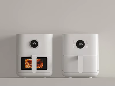Two Modern White Air Fryer Kitchen Appliances With Digital Display And Food Inside 3d model
