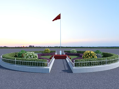 Circular Garden Landscape With Flagpole Red Flag Trimmed Hedges White Yellow Flowers Red Steps Sunset 3d model