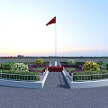 Circular Garden Landscape With Flagpole Red Flag Trimmed Hedges White Yellow Flowers Red Steps Sunset