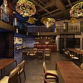 Restaurant Interior With Wooden Tables Chairs Green Plant Walls Floral Chandeliers Mezzanine And City View