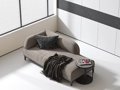 Modern Beige Linen Chaise Lounge With Throw Pillow Knitted Blanket And Side Table 3d model