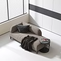 Modern Beige Linen Chaise Lounge With Throw Pillow Knitted Blanket And Side Table