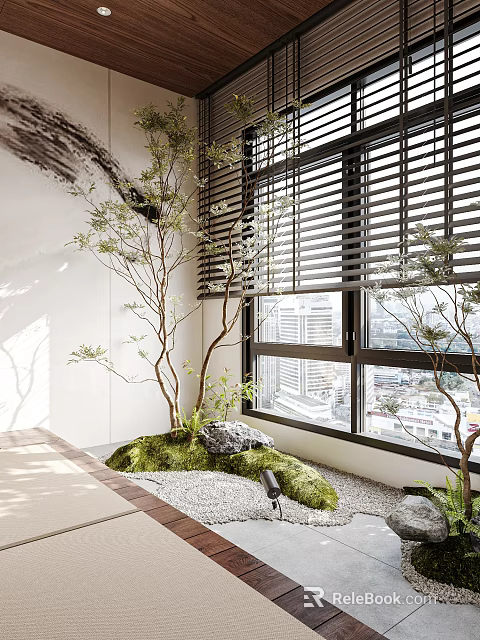 Serene Tea Room Interior With Natural Plants Stone Moss Gravel And Window Blinds 3d model 