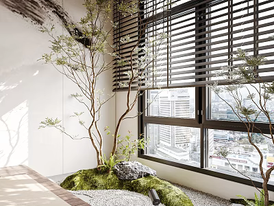 Serene Tea Room Interior With Natural Plants Stone Moss Gravel And Window Blinds 3d model