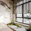 Serene Tea Room Interior With Natural Plants Stone Moss Gravel And Window Blinds
