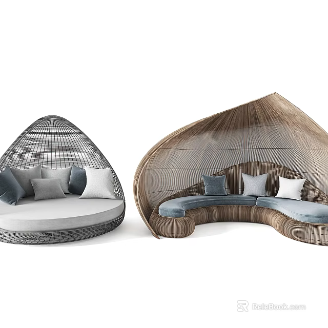 Curved Woven Rattan Outdoor Sofa with Soft Gray White Blue Brown Pillows 3d model 