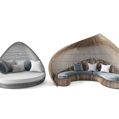 Curved Woven Rattan Outdoor Sofa with Soft Gray White Blue Brown Pillows 3d model