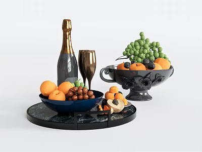 Elegant Ceramic Vessels Holding Fresh Fruits on Black Marble Tray and Champagne Bottle Wine Glasses 3d model