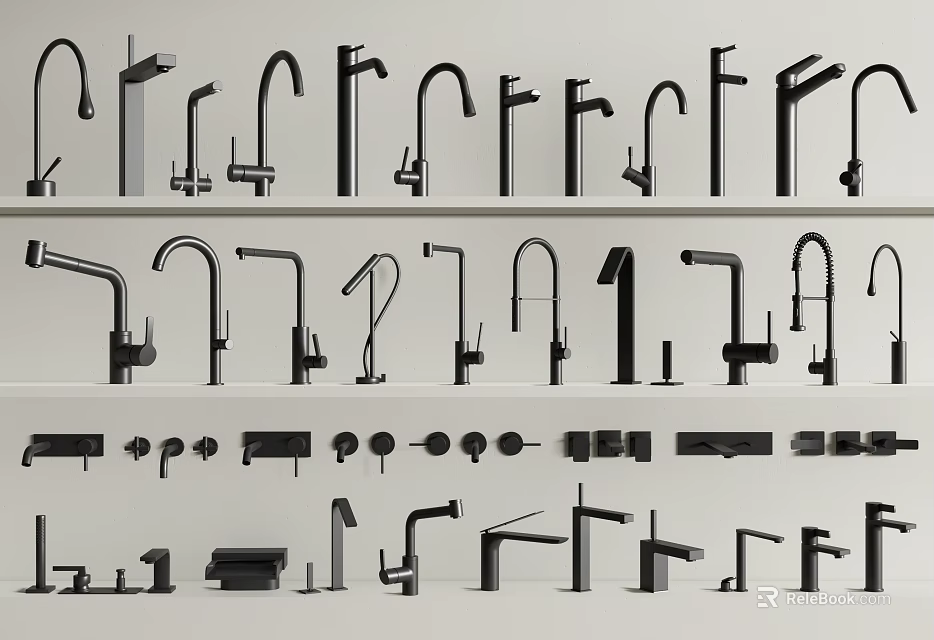 Various Modern Water Faucet Styles and Designs Display for Kitchen and Bathroom 3d model 