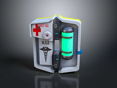 First Aid Medical Kit With Red Cross Caduceus Symbol MSE Label And Green Light 3d model