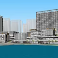 Modern High Rise Hotel Building Complex With Green Roof Plaza Water Feature And Pedestrian Walkways