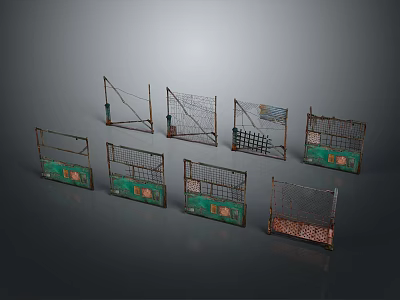 Modern Metal Cages With Various Designs Green Base Panels And Grid Patterns 3d model