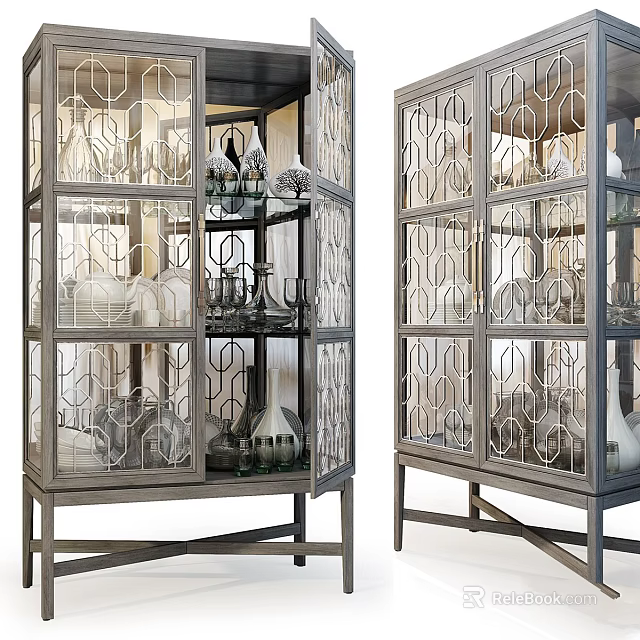 Geometric Patterned Glass Door Display Cabinets With Glassware And Decorative Items 3d model 