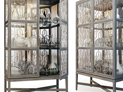 Geometric Patterned Glass Door Display Cabinets With Glassware And Decorative Items 3d model