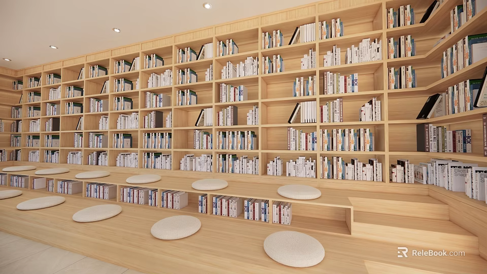 Book Art Reading Space Filled With Books On Wooden Bookshelves And White Cushions 3d model 