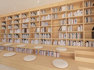 Book Art Reading Space Filled With Books On Wooden Bookshelves And White Cushions 3d model