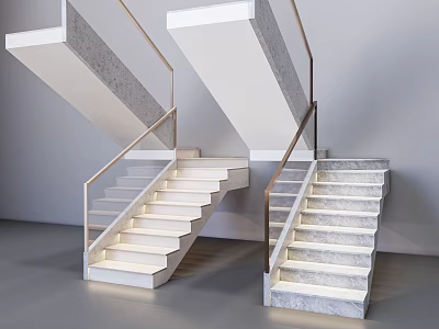 Modern Double Staircase With Concrete Steps Metal Railing And Understep Lighting 3d model