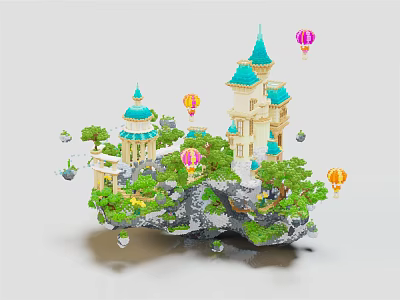 Ancient Architecture Castle On Floating Island With Blue Spires Green Trees Colorful Hot Air Balloons 3d model