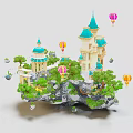 Ancient Architecture Castle On Floating Island With Blue Spires Green Trees Colorful Hot Air Balloons