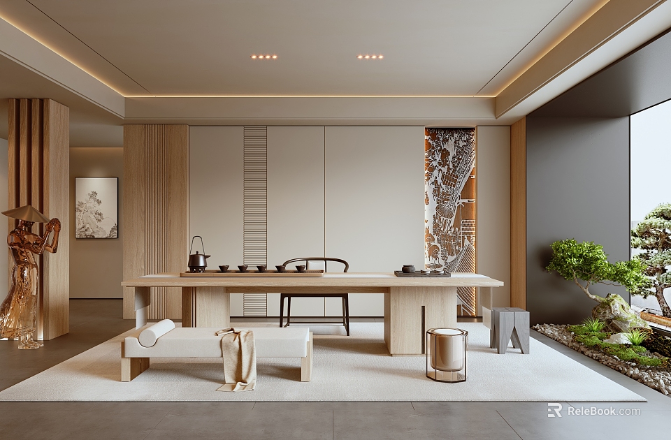 Modern Tea Room Interior With Wooden Tea Table Tea Sets And Decorative Screen 3d model 