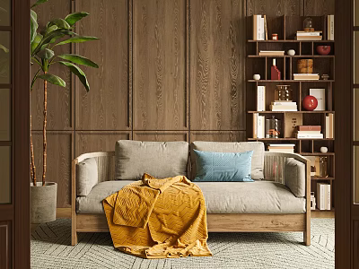 Gray Double Sofa with Blue Cushion Yellow Throw on Wooden Wall Side Bookshelf and Plant 3d model