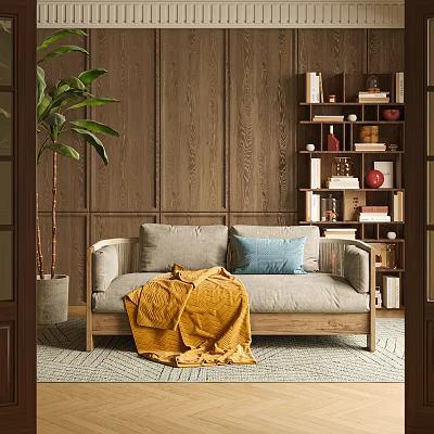 Gray Double Sofa with Blue Cushion Yellow Throw on Wooden Wall Side Bookshelf and Plant 3d model