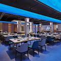 Spacious Modern Hotpot Restaurant Interior With Blue Ceiling Dining Tables And Comfortable Chairs 3d model