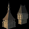 Ancient Architecture Stone Towers With Pointed Roofs Decorative Windows And Historic Design