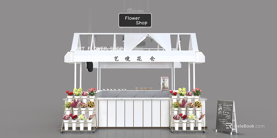 Vibrant Flower Shop Bar Counter With Colorful Blooms And Decorative Flower Buckets 3d model 