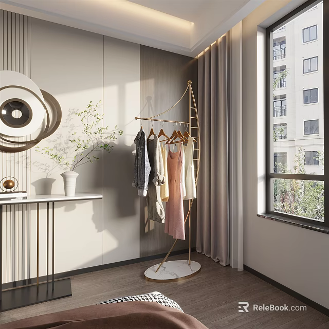 Elegant Modern Room Interior With Golden Clothes Rack Hanging Clothes Round Mirror And Bright Window 3d model 