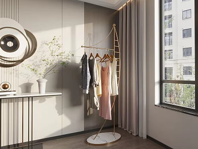 Elegant Modern Room Interior With Golden Clothes Rack Hanging Clothes Round Mirror And Bright Window 3d model