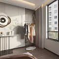 Elegant Modern Room Interior With Golden Clothes Rack Hanging Clothes Round Mirror And Bright Window