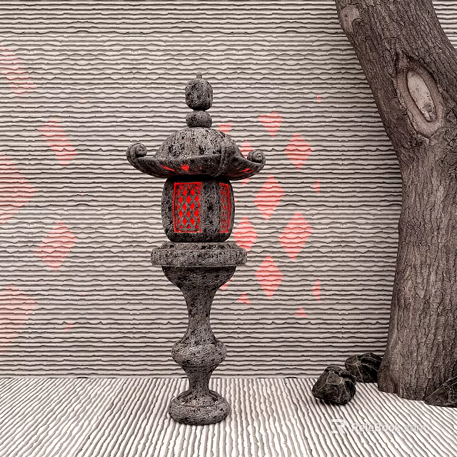 Traditional Stone Outdoor Lantern With Red Panel Next To Tree And Wall 3d model 