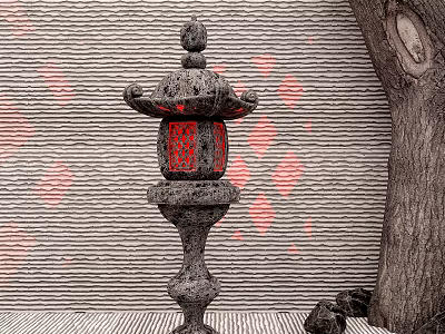 Traditional Stone Outdoor Lantern With Red Panel Next To Tree And Wall 3d model