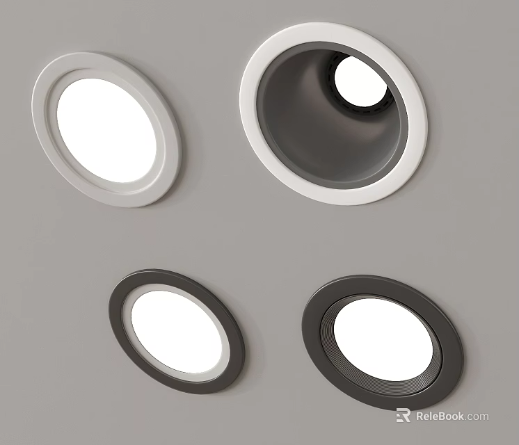 Modern Recessed Round Downlights And Spotlights With White Black Trim Ceiling Design 3d model 