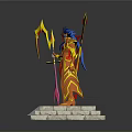 Action Figure With Blue Hair Red Gold Armor Yellow Winged Design Weapon On Marble Base