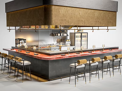 Modern Bar Counter With High Stools Decorative Canopy And Kitchen Appliances 3d model