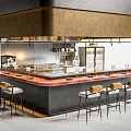 Modern Bar Counter With High Stools Decorative Canopy And Kitchen Appliances