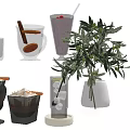 Various Hot and Cold Drinks with Cinnamon Stick Lemon Slice Ice Cubes and Decorative Plant