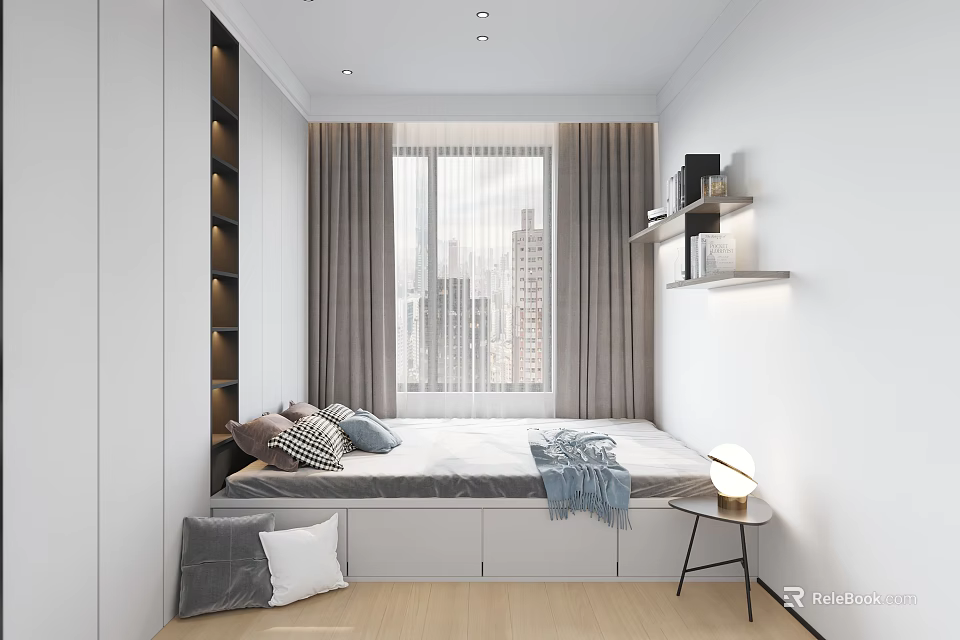 Cozy Tatami Bedroom With Window Side Bed Gray Curtains City View Pillows And Light Flooring 3d model 