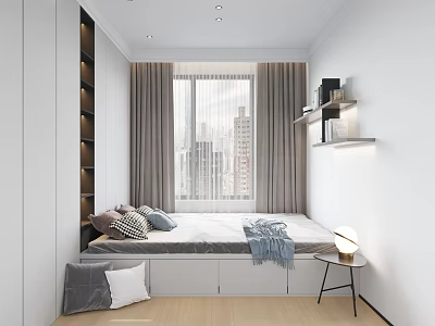 Cozy Tatami Bedroom With Window Side Bed Gray Curtains City View Pillows And Light Flooring 3d model