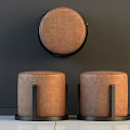 Two Brown Leather Round Ottoman Stools With Black Metal Base Modern Design 3d model