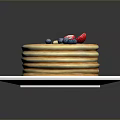 Stack of Golden Pancakes on White Square Plate with Fresh Strawberry and Blueberries