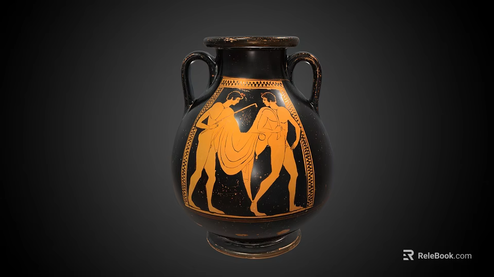Ancient Greek Amphora With Two Handles And Black Orange Figural Design 3d model 