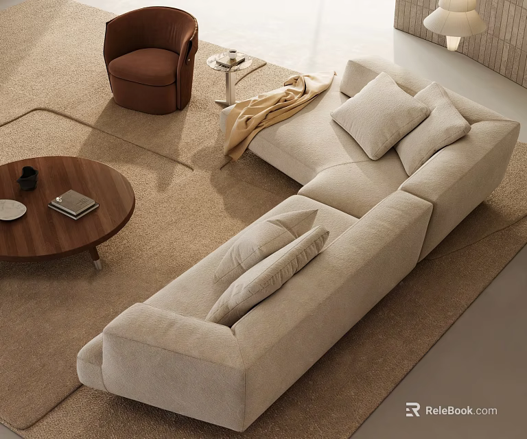Beige L Shaped Sofa With Cushions And Circular Wooden Coffee Table Set 3d model 