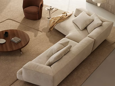 Beige L Shaped Sofa With Cushions And Circular Wooden Coffee Table Set 3d model