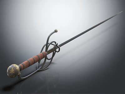 Antique Sword With Wooden Grip Ornate Guard And Long Steel Blade On Gray Background 3d model